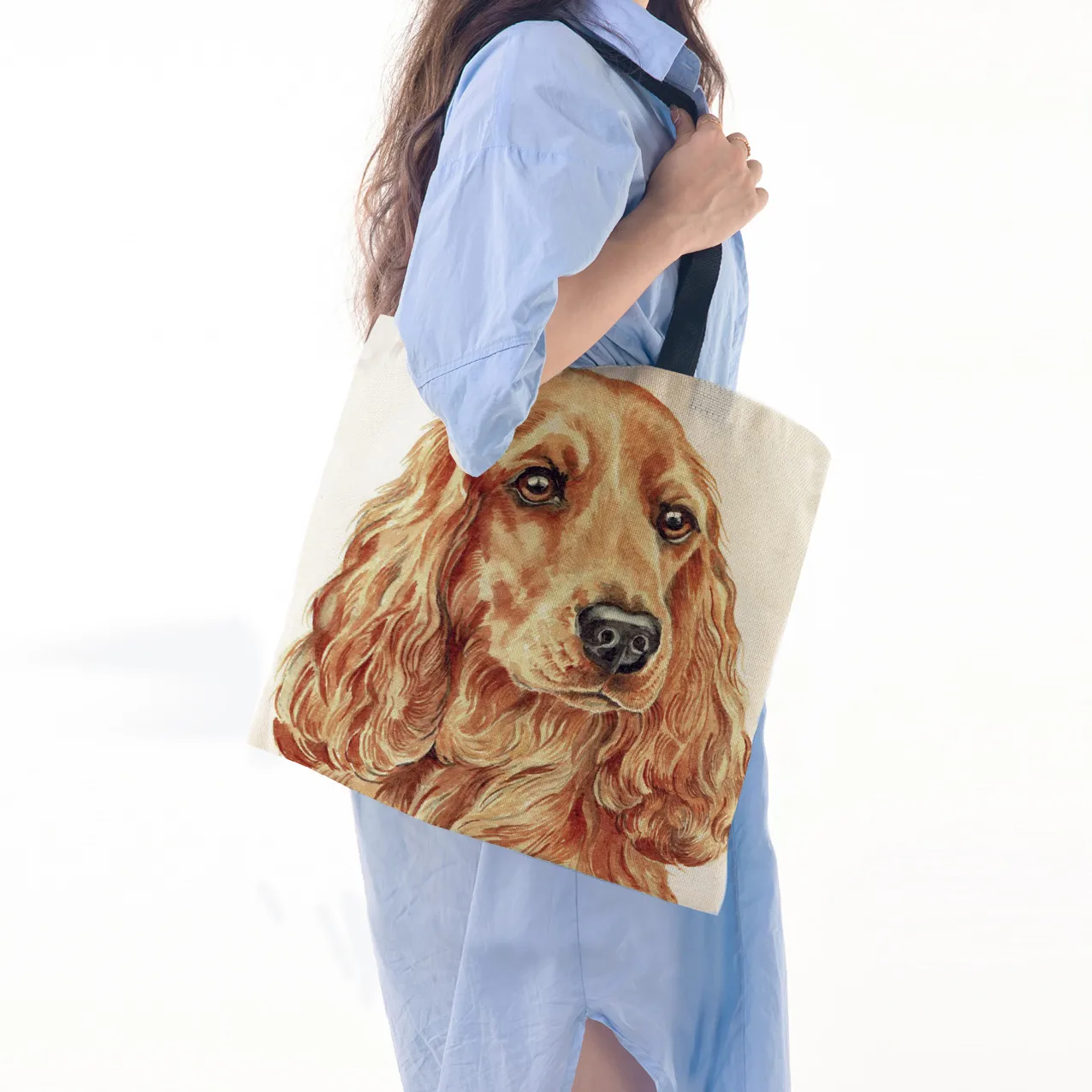 Ladies Reusable Shopping Tote Bag Single Shoulder Bag Dog Painting Print Polyester Medium Size Handbag Eco-Friendly Bag display picture 2