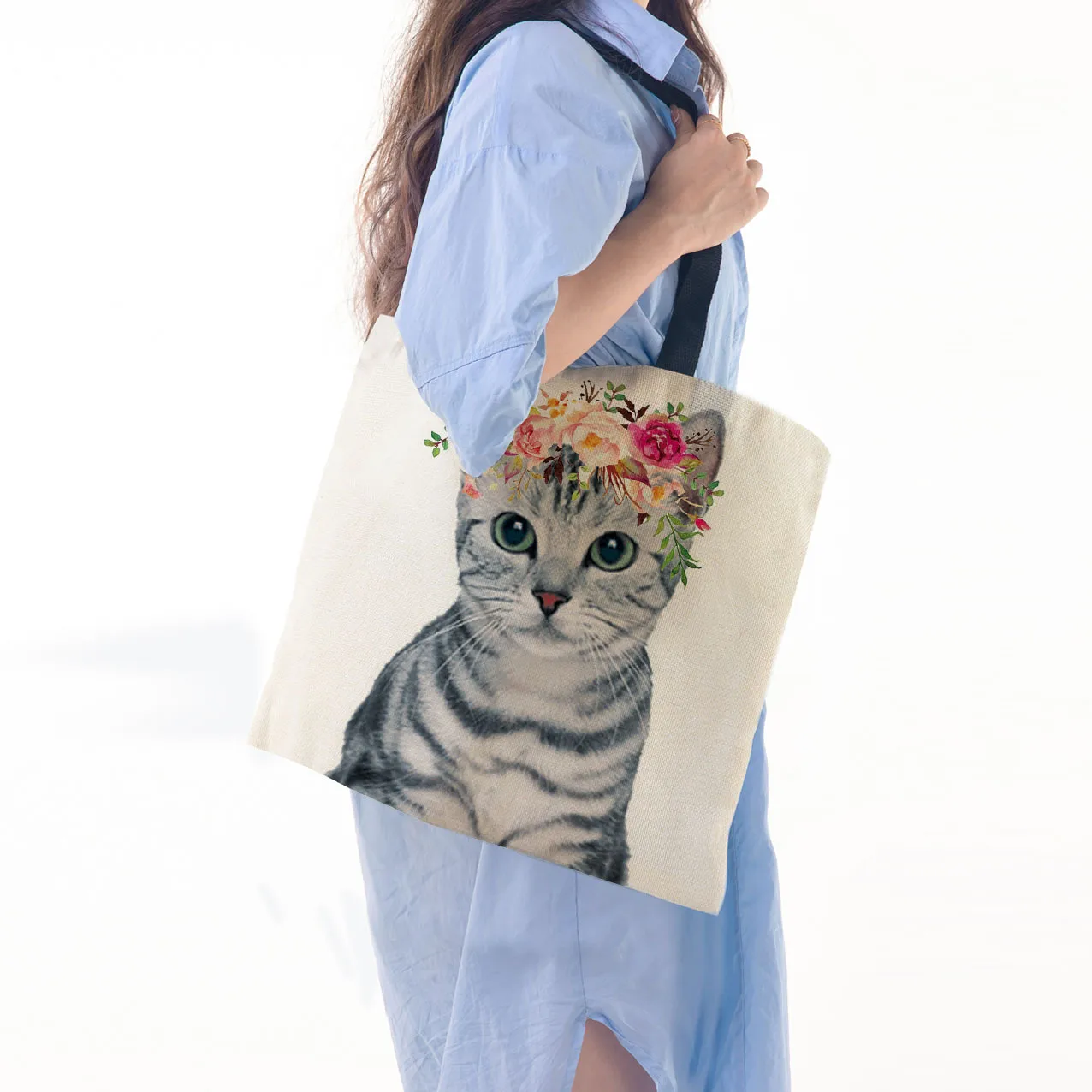 Floral Animal Print Ladies Reusable Shopping Tote Bag Shoulder Handbag Polyester Medium Size Fashionable Eco-Friendly Bag display picture 2