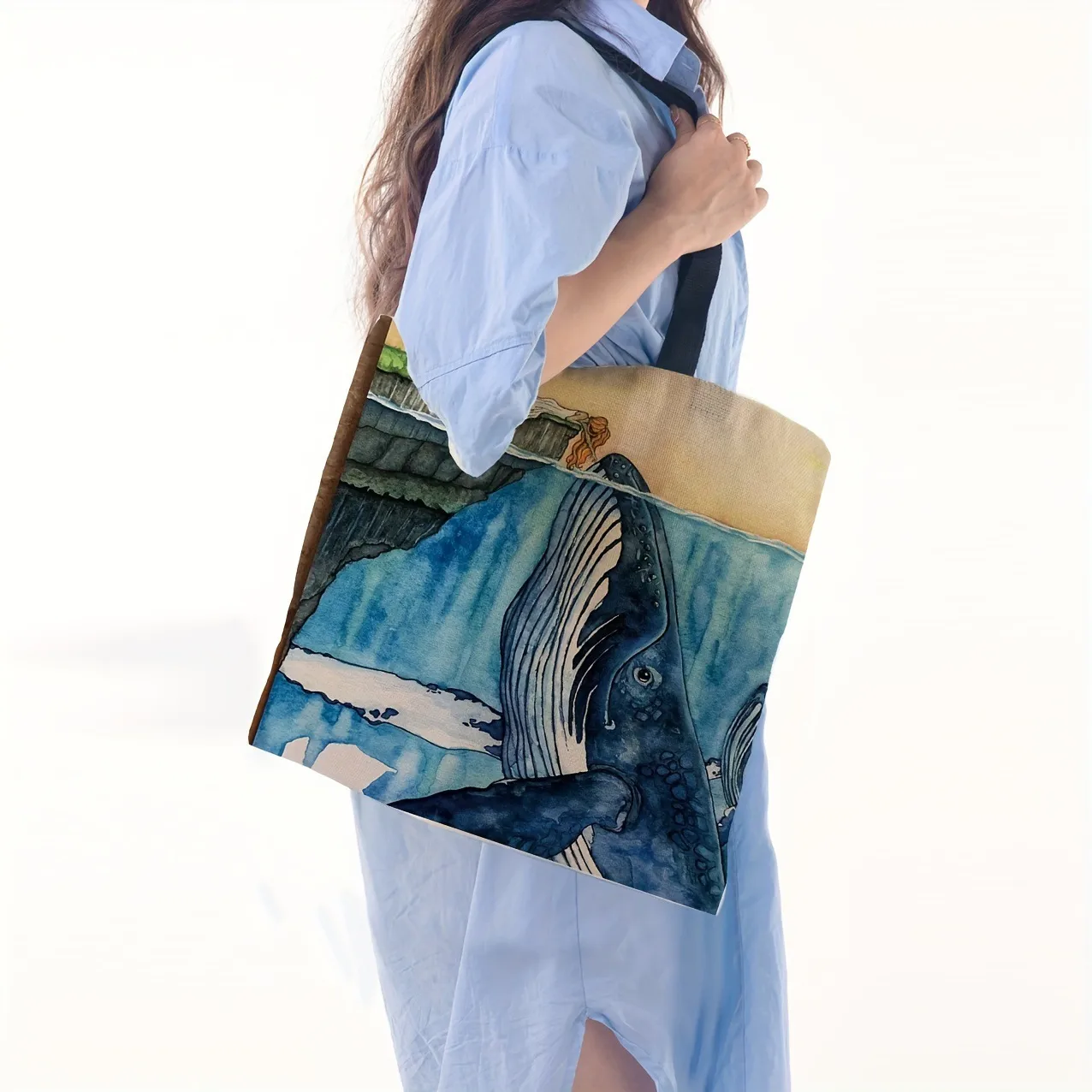 Ocean Whale Print Ladies Shoulder Tote Bag Reusable Shopping Handbag Polyester Medium Size Women's Fashion Eco-Friendly Bag display picture 2