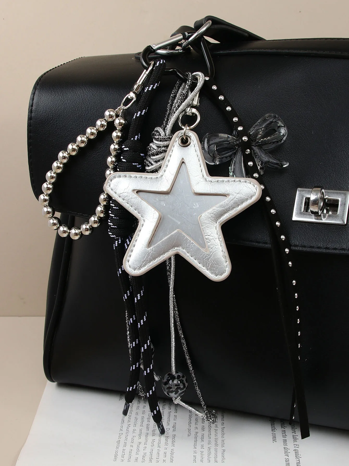 New Sweet Cool Crack Star Compact Mirror Luxury Handbag Butterfly Knot Beaded Pendant Decorative Accessories European Style display picture 3