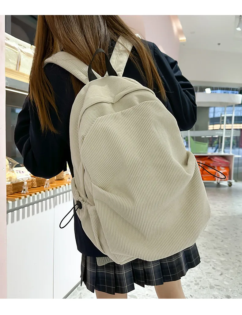 Retro New Style Corduroy Backpack Women Casual Travel Large Capacity School Bag University Commuter Bag Pure Color Polyester Lining display picture 1