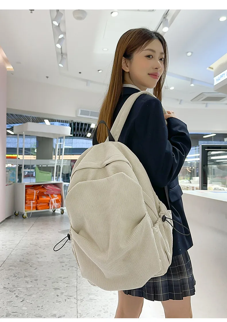 Retro New Style Corduroy Backpack Women Casual Travel Large Capacity School Bag University Commuter Bag Pure Color Polyester Lining display picture 2