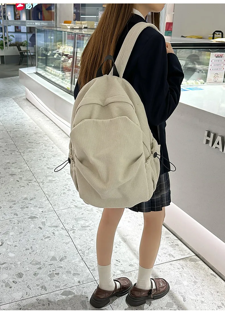 Retro New Style Corduroy Backpack Women Casual Travel Large Capacity School Bag University Commuter Bag Pure Color Polyester Lining display picture 3
