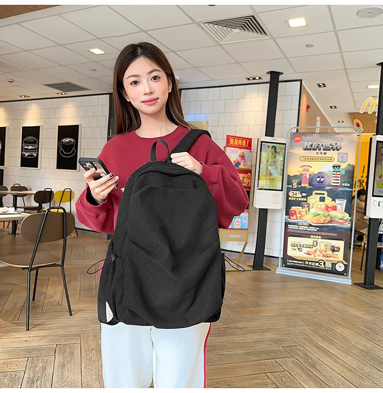Retro New Style Corduroy Backpack Women Casual Travel Large Capacity School Bag University Commuter Bag Pure Color Polyester Lining display picture 5