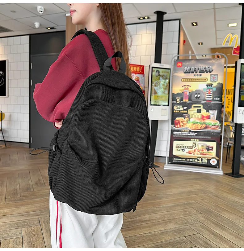 Retro New Style Corduroy Backpack Women Casual Travel Large Capacity School Bag University Commuter Bag Pure Color Polyester Lining display picture 6