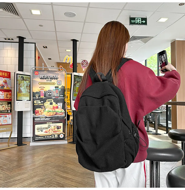 Retro New Style Corduroy Backpack Women Casual Travel Large Capacity School Bag University Commuter Bag Pure Color Polyester Lining display picture 7