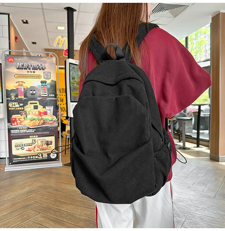 Retro New Style Corduroy Backpack Women Casual Travel Large Capacity School Bag University Commuter Bag Pure Color Polyester Lining display picture 8