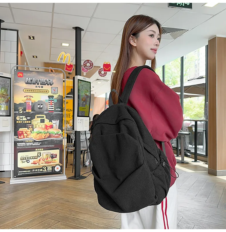 Retro New Style Corduroy Backpack Women Casual Travel Large Capacity School Bag University Commuter Bag Pure Color Polyester Lining display picture 9