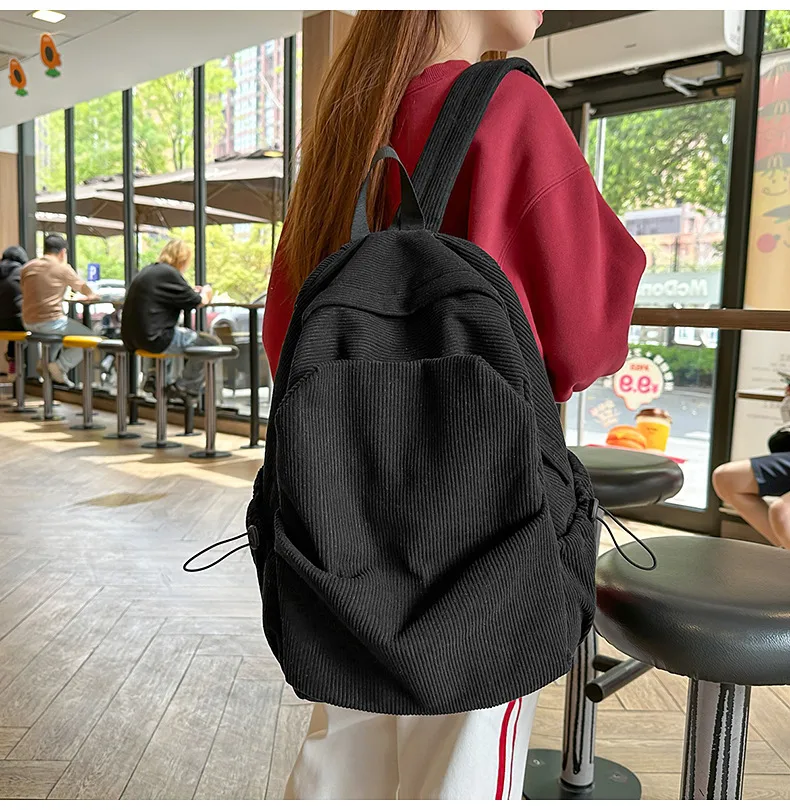 Retro New Style Corduroy Backpack Women Casual Travel Large Capacity School Bag University Commuter Bag Pure Color Polyester Lining display picture 10