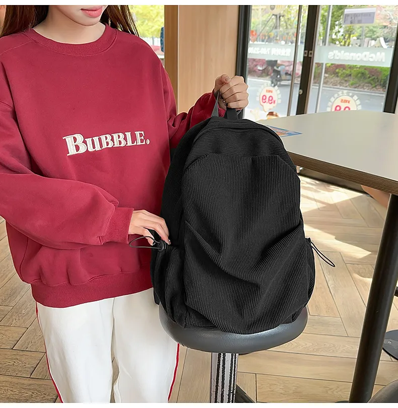 Retro New Style Corduroy Backpack Women Casual Travel Large Capacity School Bag University Commuter Bag Pure Color Polyester Lining display picture 11