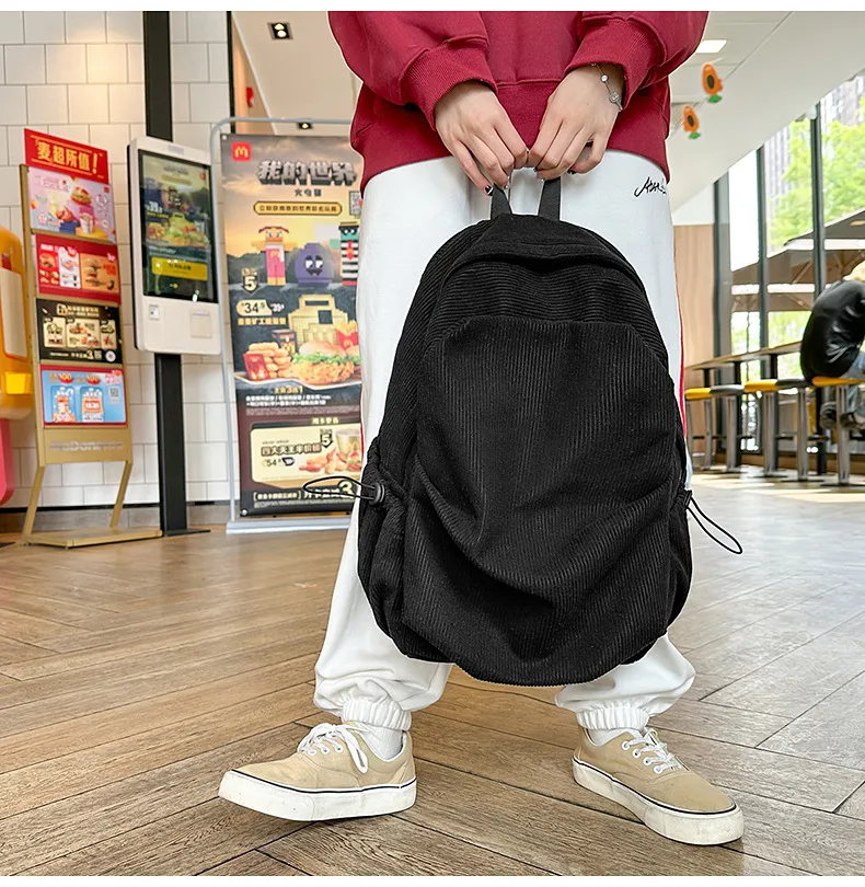 Retro New Style Corduroy Backpack Women Casual Travel Large Capacity School Bag University Commuter Bag Pure Color Polyester Lining display picture 12