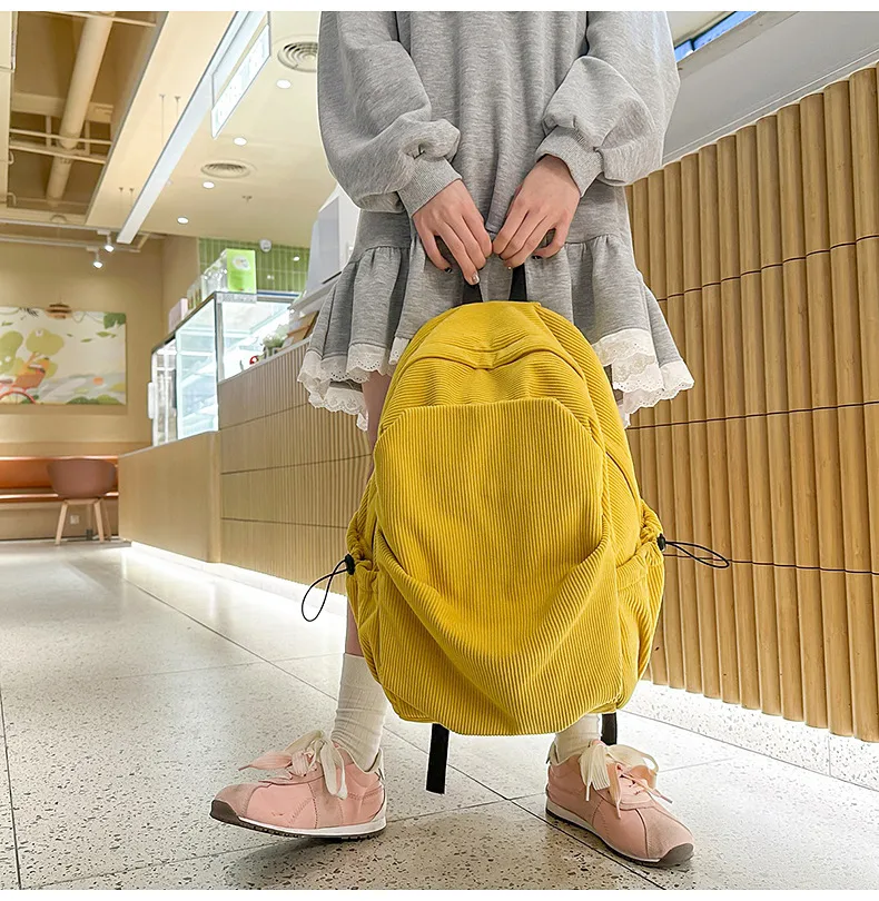 Retro New Style Corduroy Backpack Women Casual Travel Large Capacity School Bag University Commuter Bag Pure Color Polyester Lining display picture 18