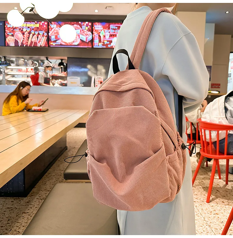 Retro New Style Corduroy Backpack Women Casual Travel Large Capacity School Bag University Commuter Bag Pure Color Polyester Lining display picture 20