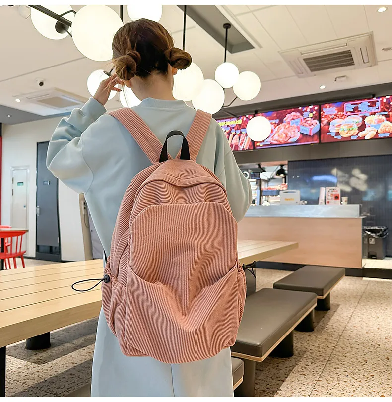 Retro New Style Corduroy Backpack Women Casual Travel Large Capacity School Bag University Commuter Bag Pure Color Polyester Lining display picture 22