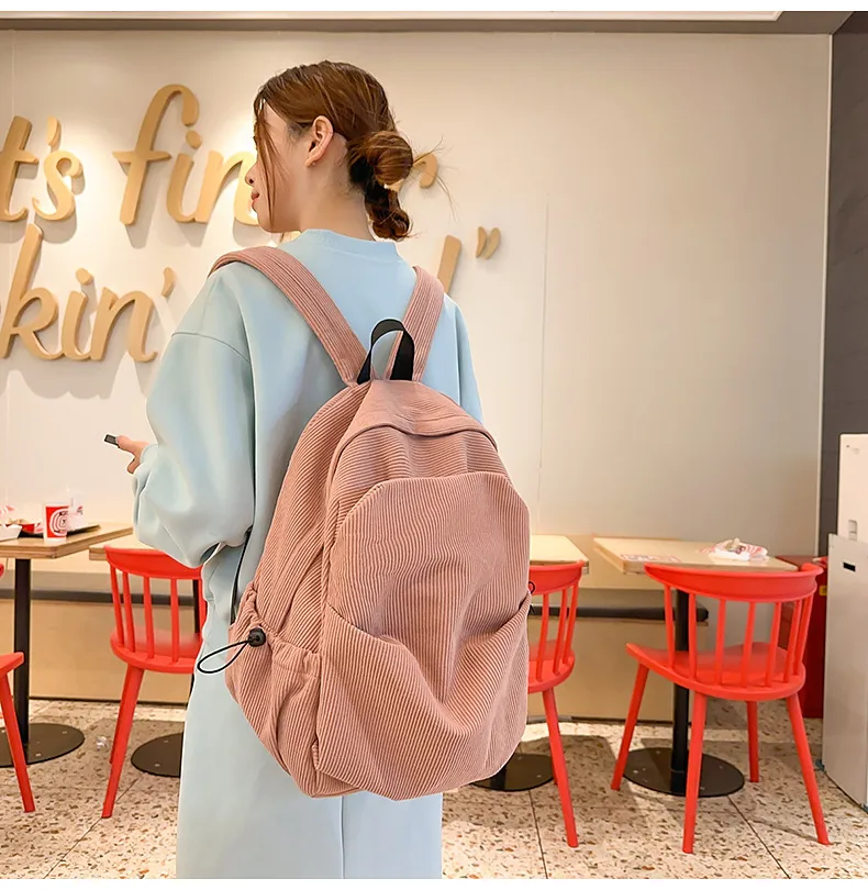 Retro New Style Corduroy Backpack Women Casual Travel Large Capacity School Bag University Commuter Bag Pure Color Polyester Lining display picture 23
