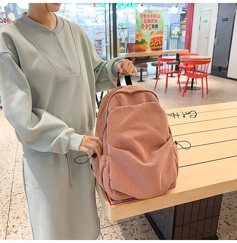Retro New Style Corduroy Backpack Women Casual Travel Large Capacity School Bag University Commuter Bag Pure Color Polyester Lining display picture 25
