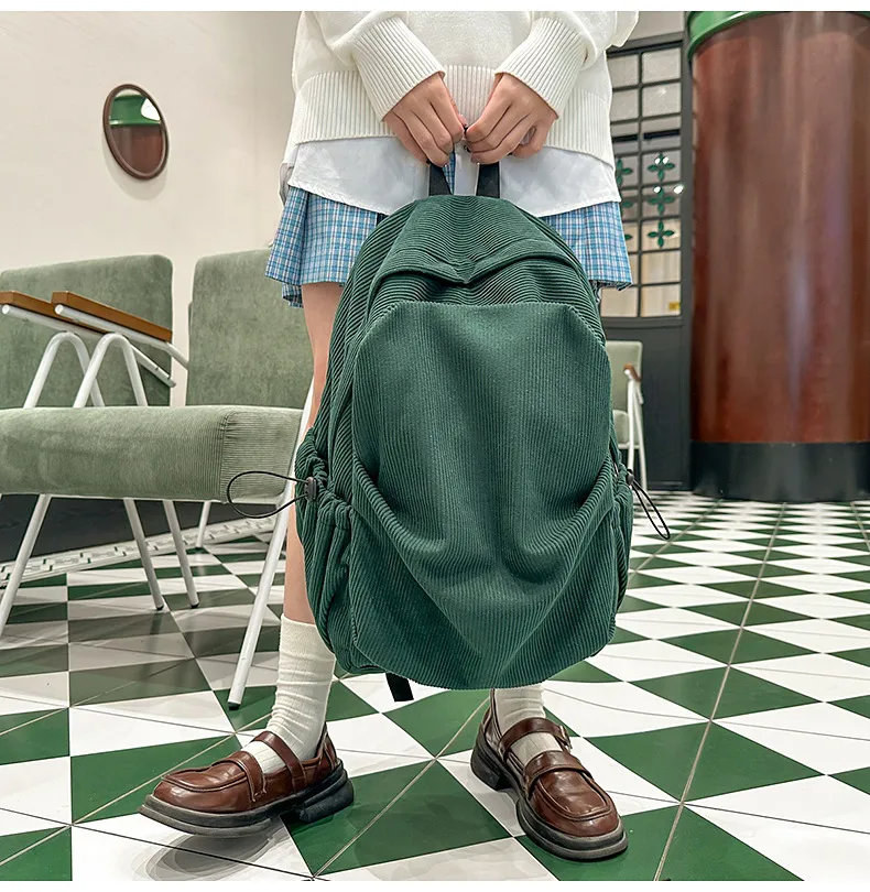 Retro New Style Corduroy Backpack Women Casual Travel Large Capacity School Bag University Commuter Bag Pure Color Polyester Lining display picture 27