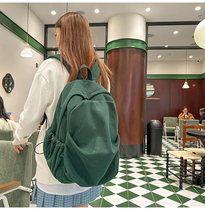 Retro New Style Corduroy Backpack Women Casual Travel Large Capacity School Bag University Commuter Bag Pure Color Polyester Lining display picture 28