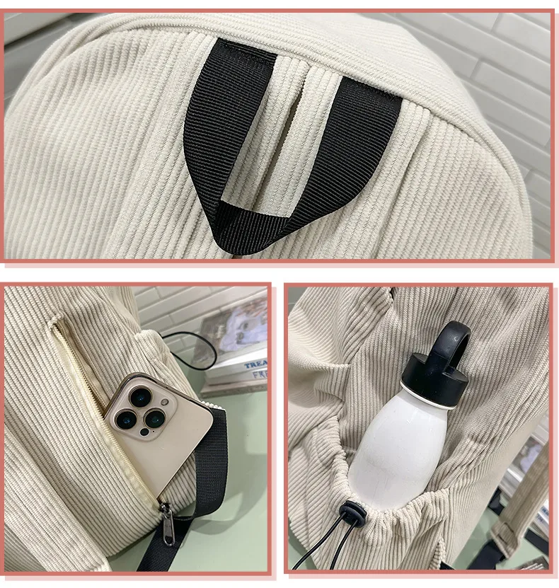 Retro New Style Corduroy Backpack Women Casual Travel Large Capacity School Bag University Commuter Bag Pure Color Polyester Lining display picture 41