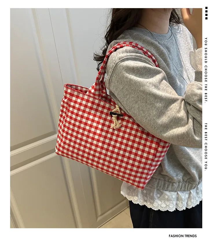 Trendy Canvas Grid Fresh Artistic Campus Large Capacity Fashionable Commuter Single Shoulder Handbag Women's Bag Summer display picture 1