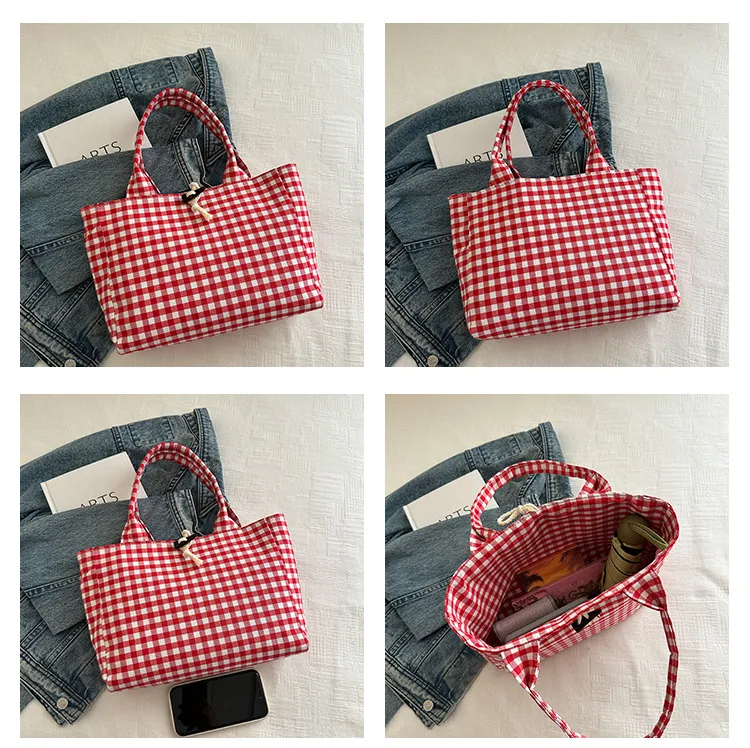 Trendy Canvas Grid Fresh Artistic Campus Large Capacity Fashionable Commuter Single Shoulder Handbag Women's Bag Summer display picture 2