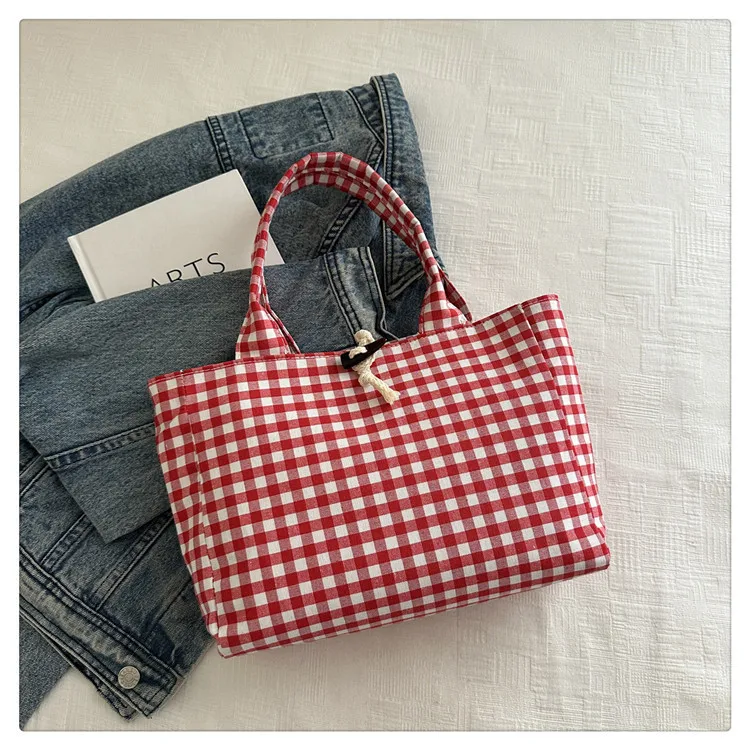 Trendy Canvas Grid Fresh Artistic Campus Large Capacity Fashionable Commuter Single Shoulder Handbag Women's Bag Summer display picture 9