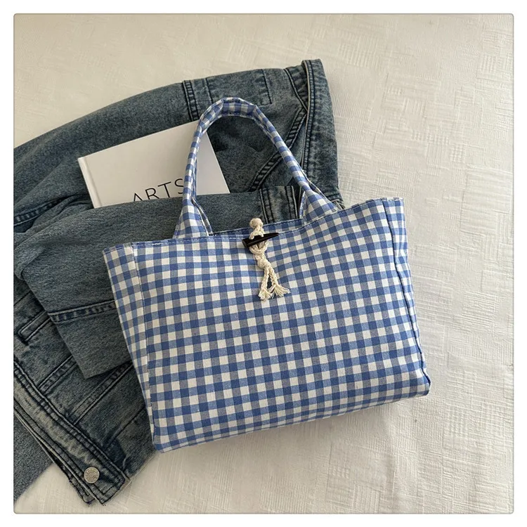 Trendy Canvas Grid Fresh Artistic Campus Large Capacity Fashionable Commuter Single Shoulder Handbag Women's Bag Summer display picture 11