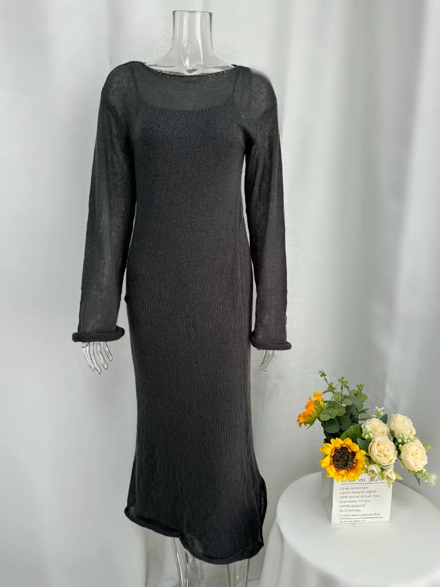 Women's Knitted Hollow Long Dress + Vest Dress Set Soft Knitted Cover Up Casual Long Sleeve Holiday Style Family Gathering Date Tea Party display picture 2