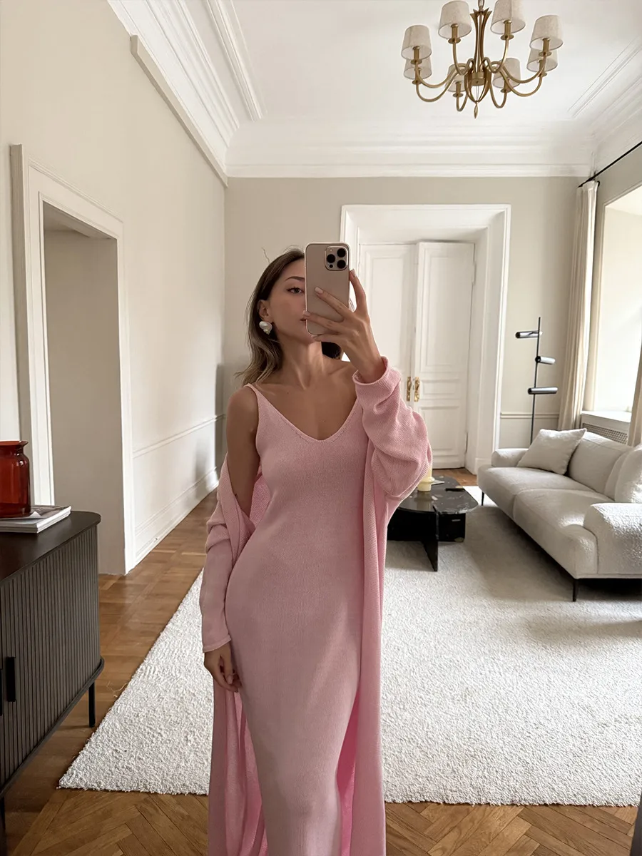 Women's Soft Knitted Hollow Out Vest Long Dress + Long Sleeve Open Cardigan Set Casual Style Round Neckline Ice Cream Color display picture 3