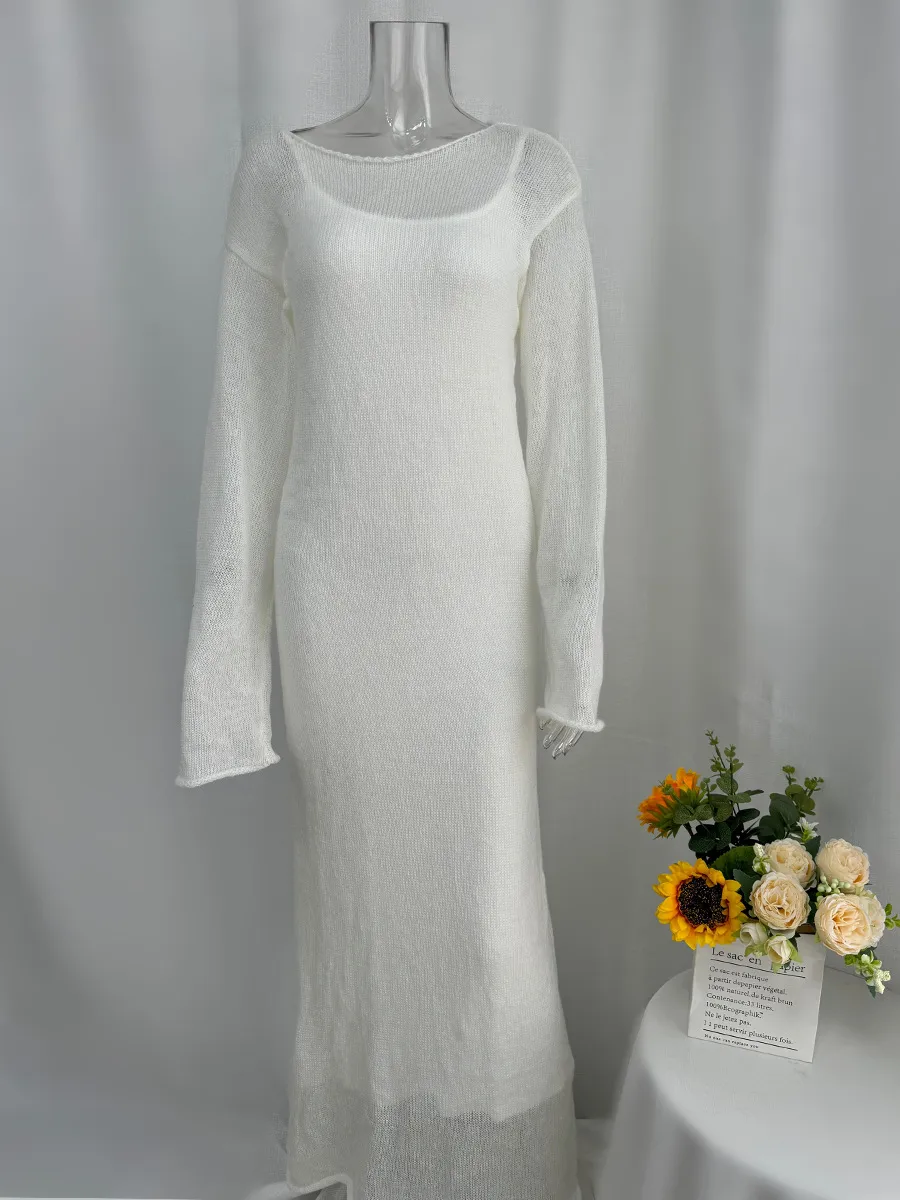 Women's Knitted Hollow Long Dress + Vest Dress Set Soft Knitted Cover Up Casual Long Sleeve Holiday Style Family Gathering Date Tea Party display picture 3