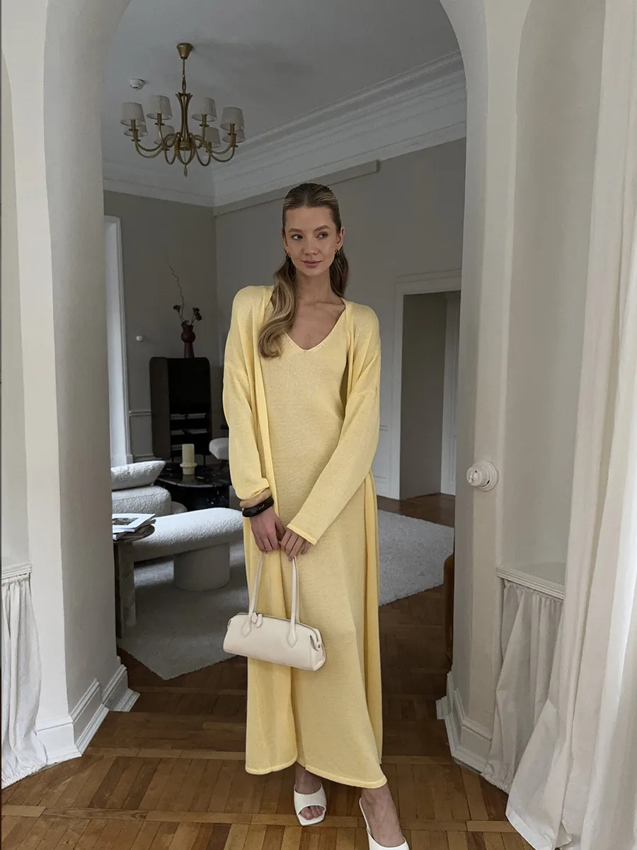 Women's Soft Knitted Hollow Out Vest Long Dress + Long Sleeve Open Cardigan Set Casual Style Round Neckline Ice Cream Color display picture 4