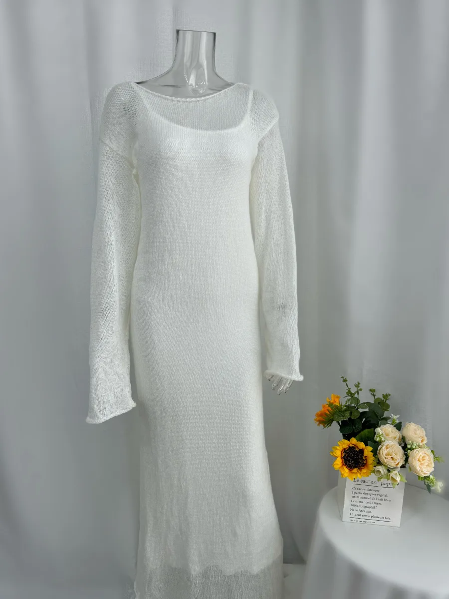 Women's Knitted Hollow Long Dress + Vest Dress Set Soft Knitted Cover Up Casual Long Sleeve Holiday Style Family Gathering Date Tea Party display picture 4