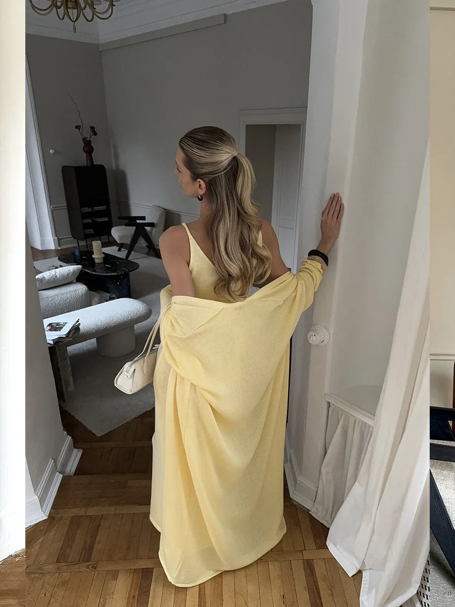 Women's Soft Knitted Hollow Out Vest Long Dress + Long Sleeve Open Cardigan Set Casual Style Round Neckline Ice Cream Color display picture 6