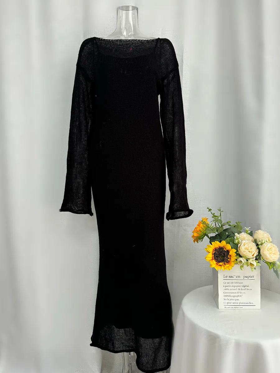 Women's Knitted Hollow Long Dress + Vest Dress Set Soft Knitted Cover Up Casual Long Sleeve Holiday Style Family Gathering Date Tea Party display picture 6