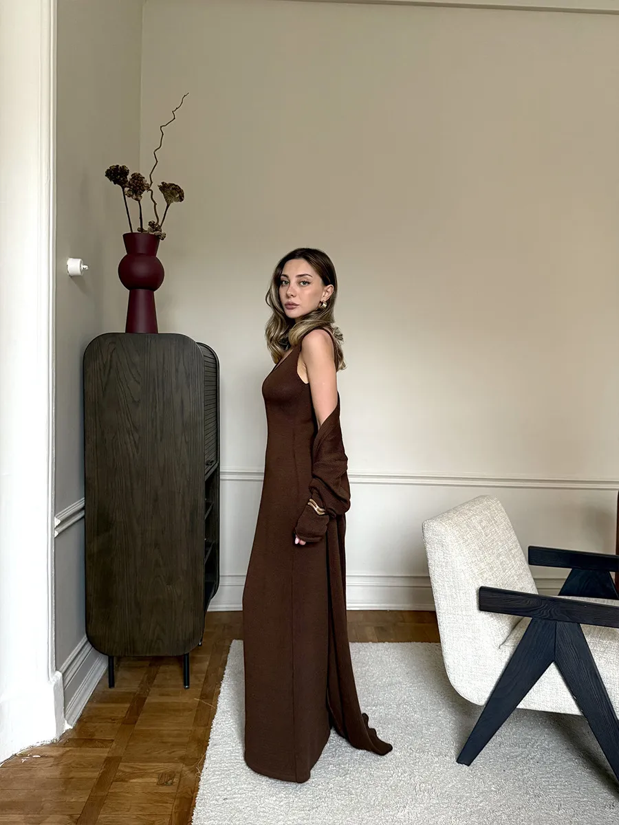 Women's Soft Knitted Hollow Out Vest Long Dress + Long Sleeve Open Cardigan Set Casual Style Round Neckline Ice Cream Color display picture 7
