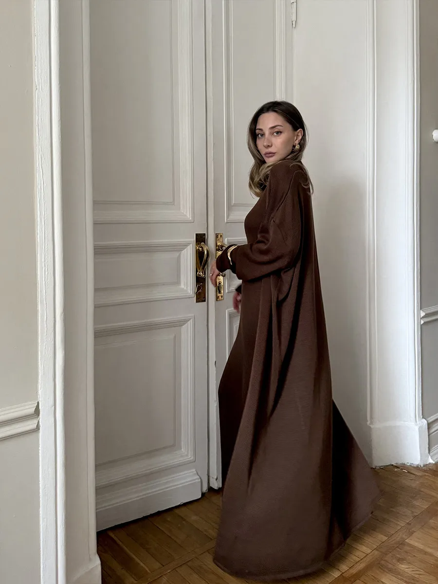Women's Soft Knitted Hollow Out Vest Long Dress + Long Sleeve Open Cardigan Set Casual Style Round Neckline Ice Cream Color display picture 8