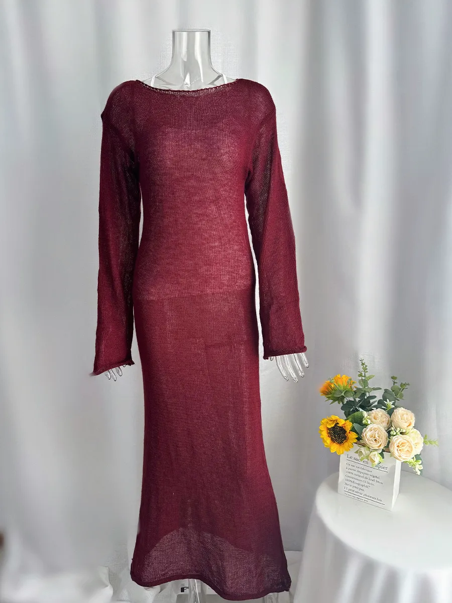Women's Knitted Hollow Long Dress + Vest Dress Set Soft Knitted Cover Up Casual Long Sleeve Holiday Style Family Gathering Date Tea Party display picture 8