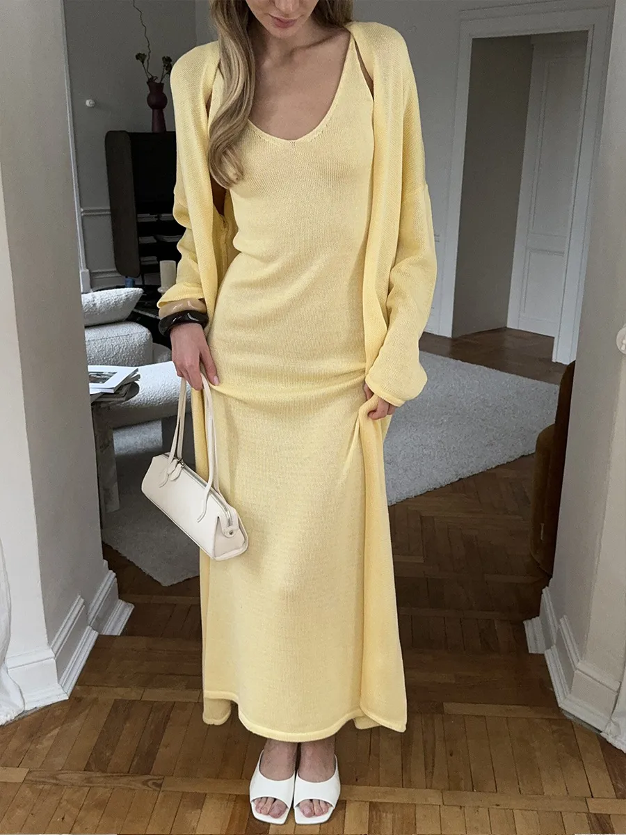 Women's Soft Knitted Hollow Out Vest Long Dress + Long Sleeve Open Cardigan Set Casual Style Round Neckline Ice Cream Color display picture 9