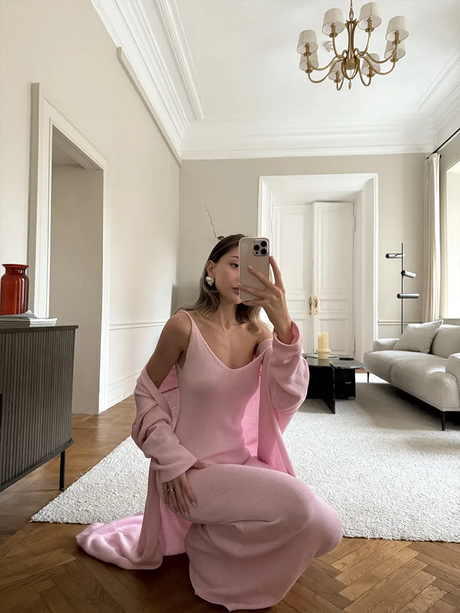 Women's Soft Knitted Hollow Out Vest Long Dress + Long Sleeve Open Cardigan Set Casual Style Round Neckline Ice Cream Color display picture 10