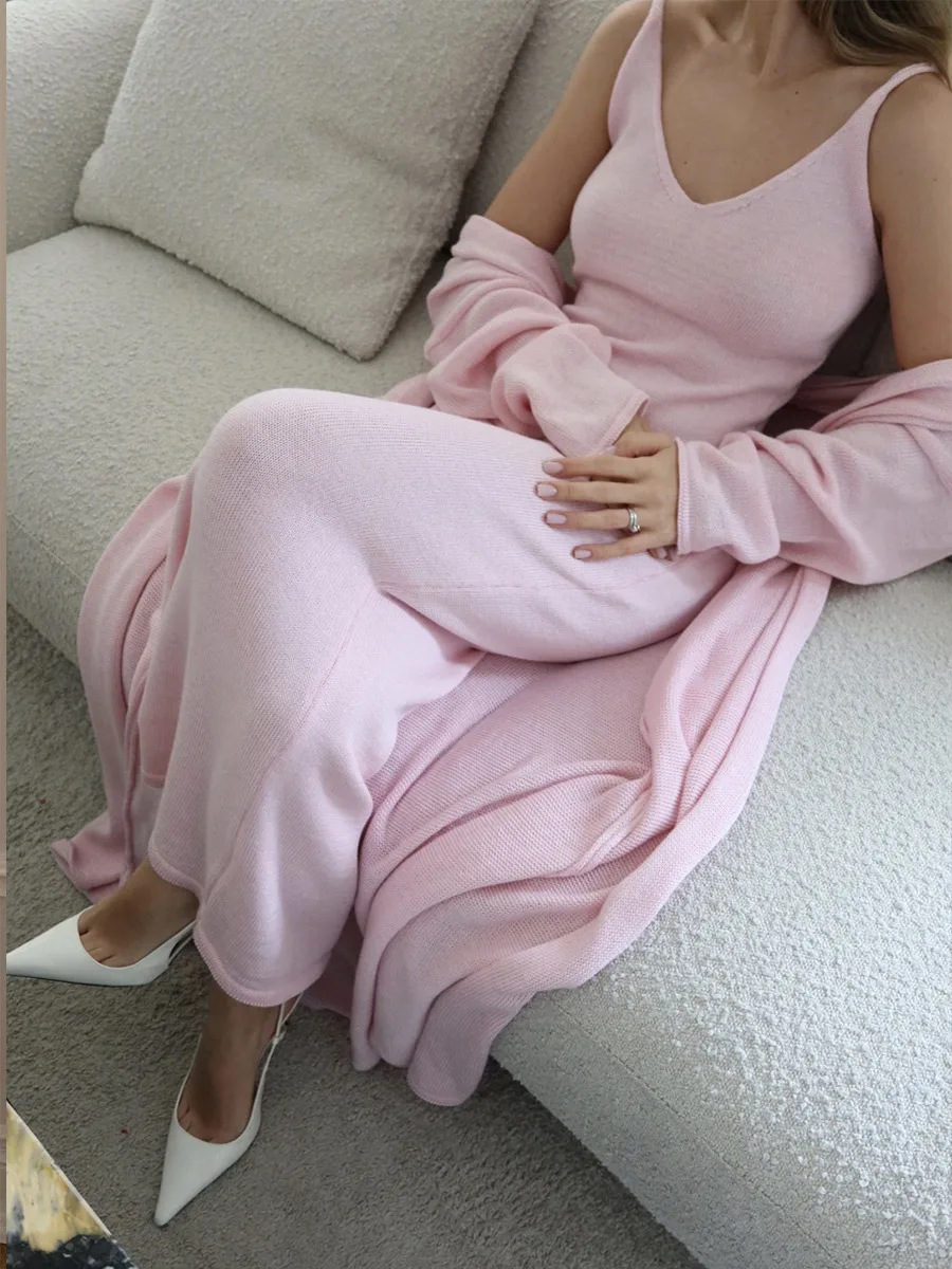 Women's Soft Knitted Hollow Out Vest Long Dress + Long Sleeve Open Cardigan Set Casual Style Round Neckline Ice Cream Color display picture 11
