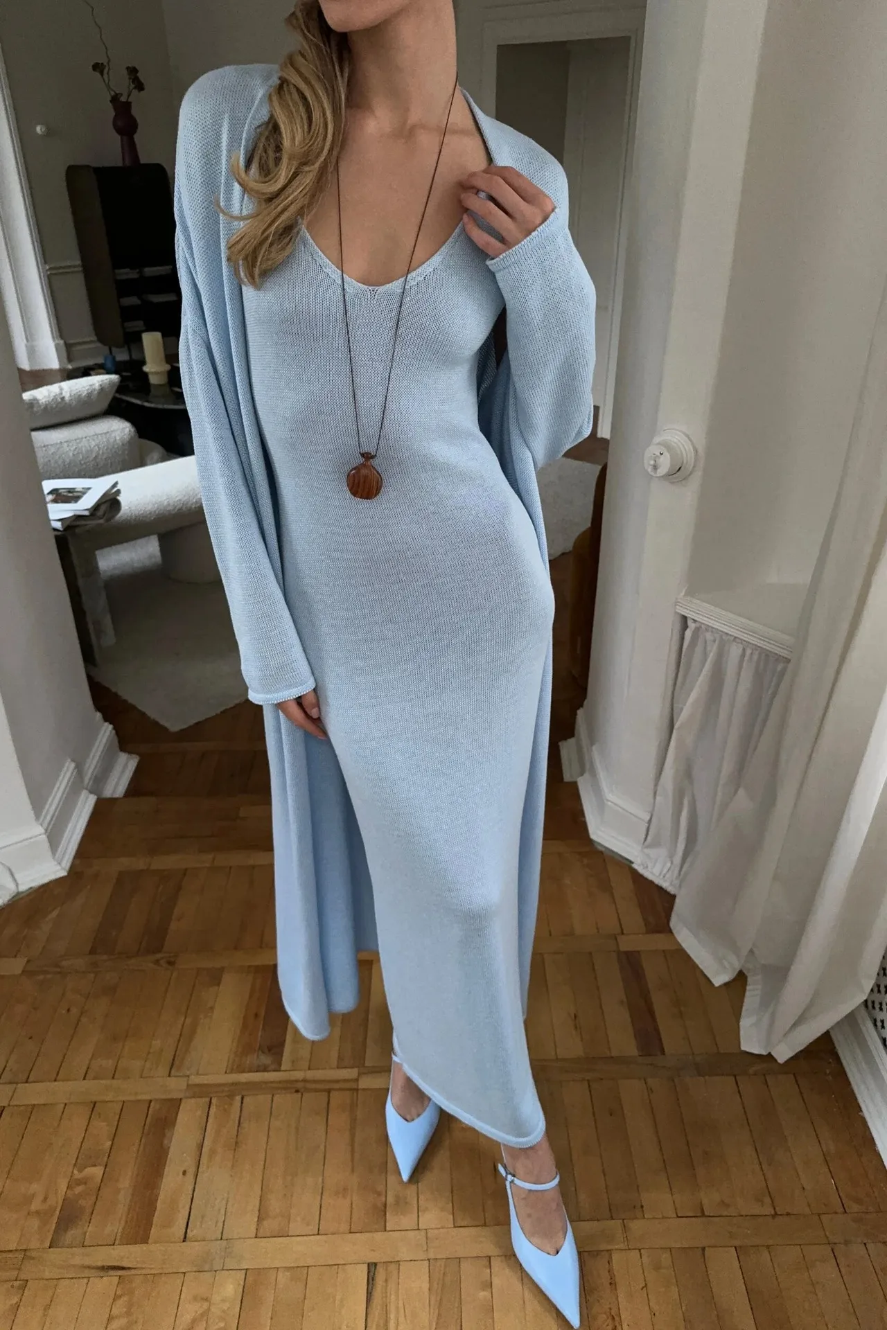 Women's Soft Knitted Hollow Out Vest Long Dress + Long Sleeve Open Cardigan Set Casual Style Round Neckline Ice Cream Color display picture 14