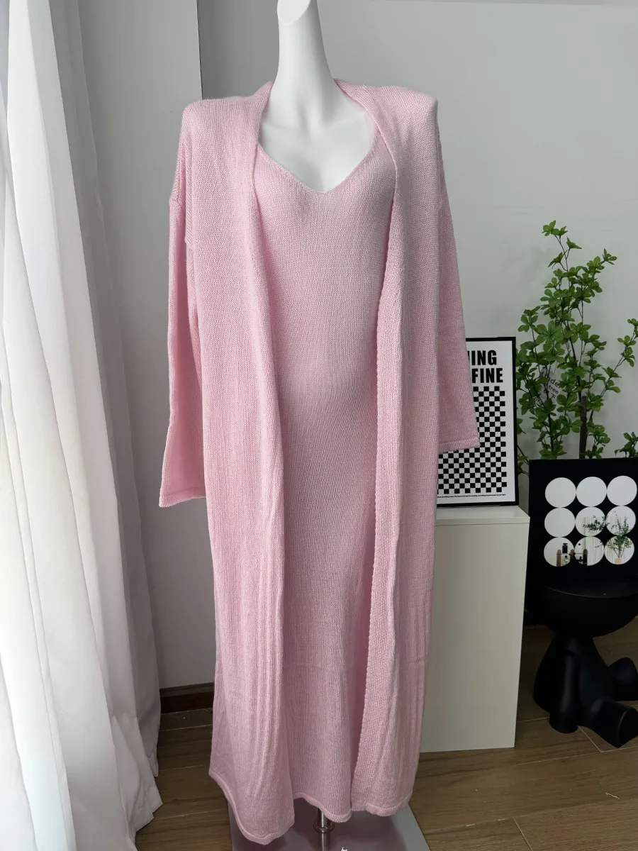 Women's Soft Knitted Hollow Out Vest Long Dress + Long Sleeve Open Cardigan Set Casual Style Round Neckline Ice Cream Color display picture 16