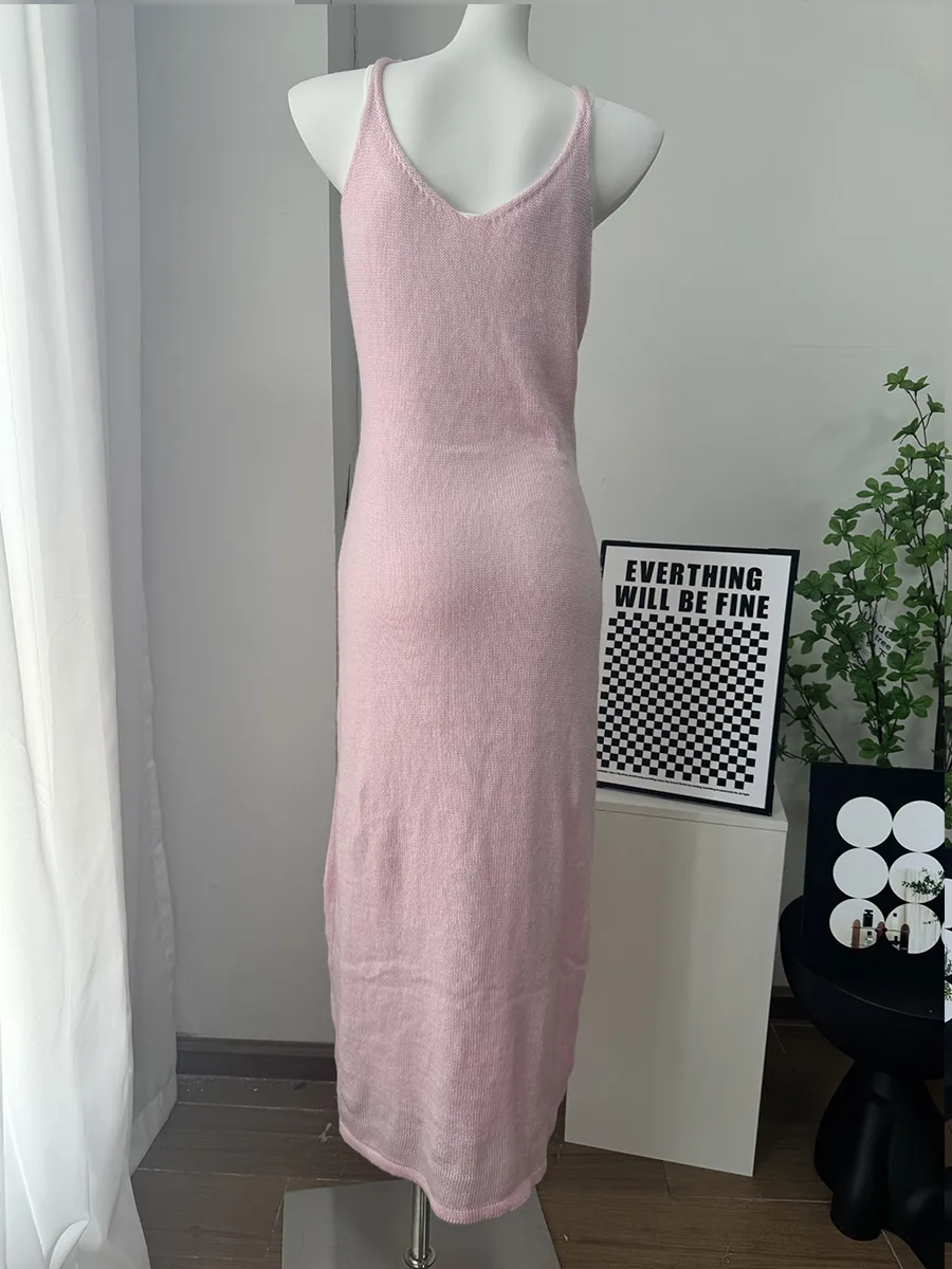 Women's Soft Knitted Hollow Out Vest Long Dress + Long Sleeve Open Cardigan Set Casual Style Round Neckline Ice Cream Color display picture 17