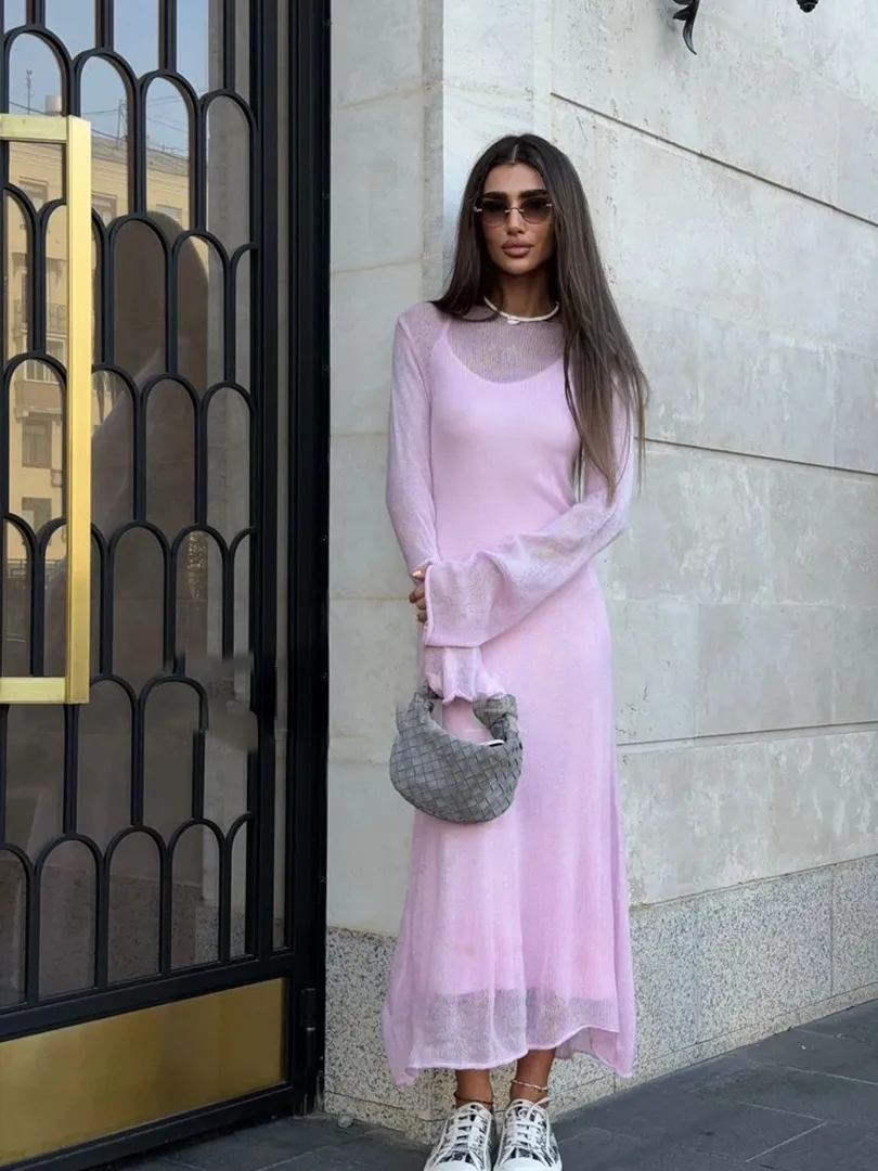Women's Soft Knitted Hollow Long Dress + Vest Dress Set Casual Style Round Neck Long Sleeve Ice Cream Color European Vacation Fashion display picture 12
