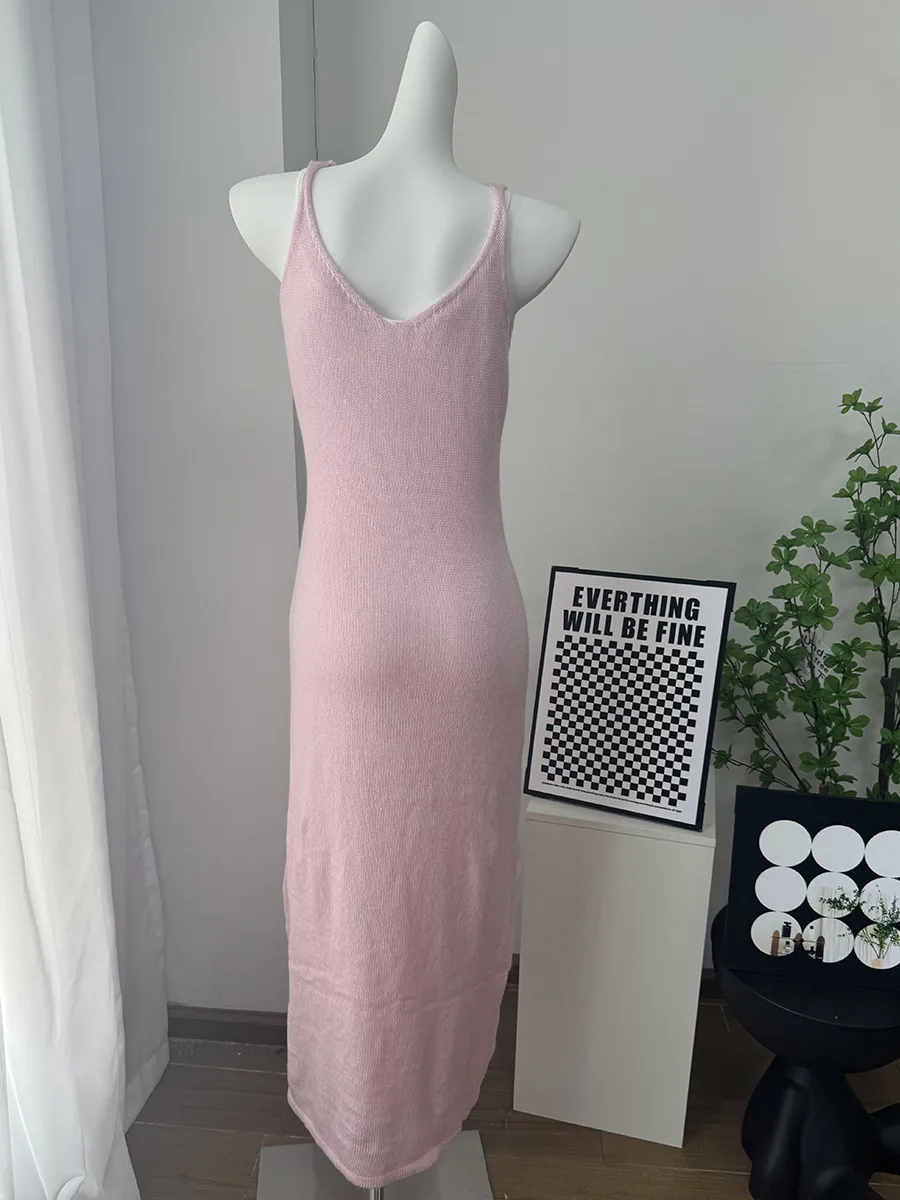 Women's Soft Knitted Hollow Out Vest Long Dress + Long Sleeve Open Cardigan Set Casual Style Round Neckline Ice Cream Color display picture 18