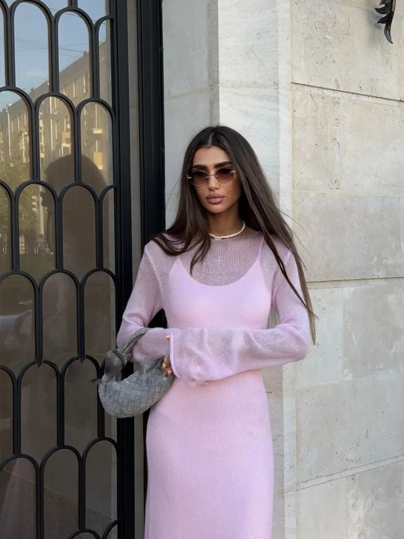 Women's Soft Knitted Hollow Long Dress + Vest Dress Set Casual Style Round Neck Long Sleeve Ice Cream Color European Vacation Fashion display picture 13