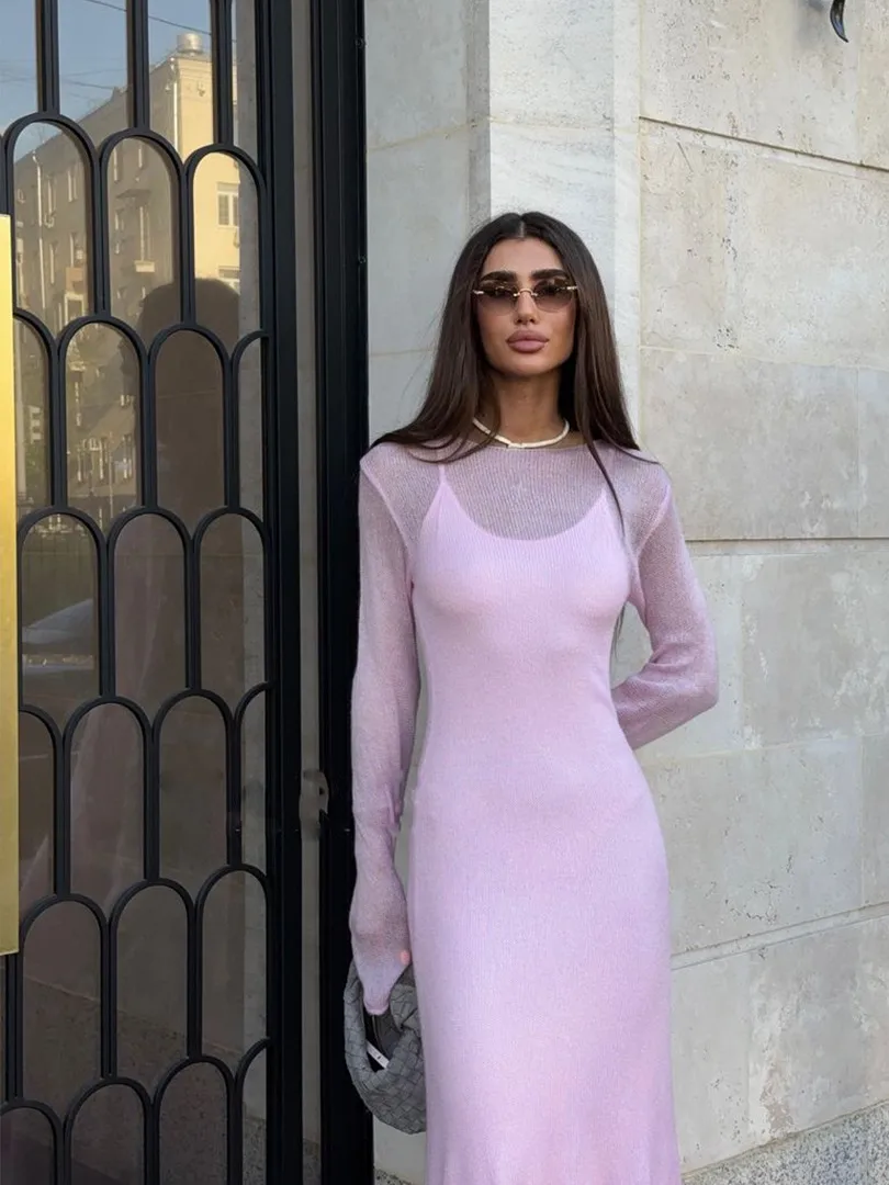 Women's Soft Knitted Hollow Long Dress + Vest Dress Set Casual Style Round Neck Long Sleeve Ice Cream Color European Vacation Fashion display picture 15