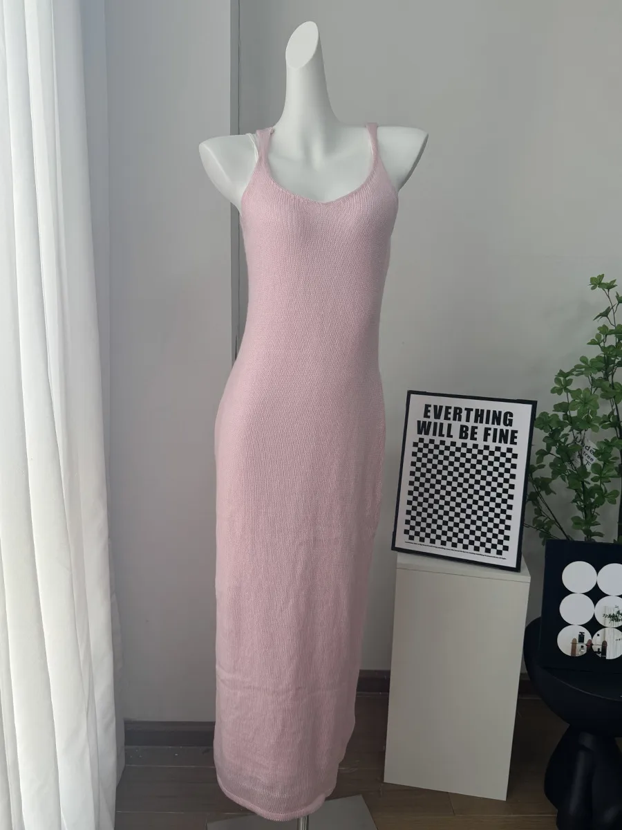 Women's Soft Knitted Hollow Out Vest Long Dress + Long Sleeve Open Cardigan Set Casual Style Round Neckline Ice Cream Color display picture 20