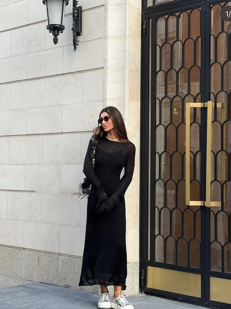 Women's Soft Knitted Hollow Long Dress + Vest Dress Set Casual Style Round Neck Long Sleeve Ice Cream Color European Vacation Fashion display picture 16