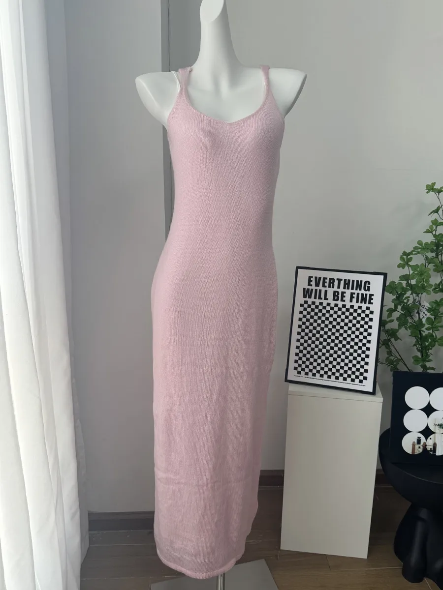 Women's Soft Knitted Hollow Out Vest Long Dress + Long Sleeve Open Cardigan Set Casual Style Round Neckline Ice Cream Color display picture 21